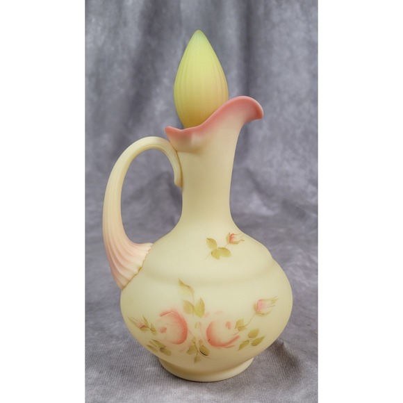 Vintage Fenton Burmese Rose Uranium Glass Cruet Hand Painted Roses Signed - Picture 3 of 8